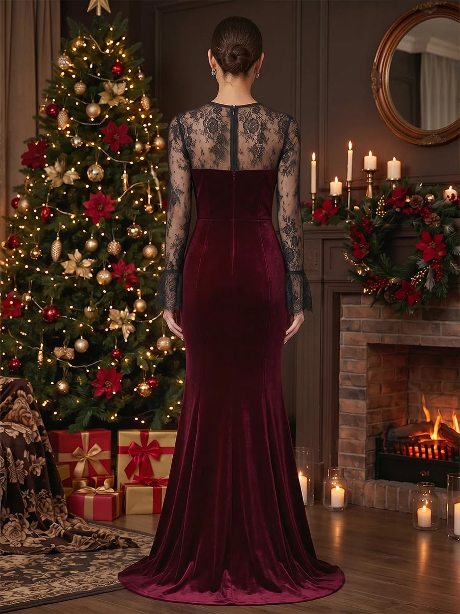 Elegant Mermaid Illusion Neckline Long Sleeve Velvet Floor Length Evening Dress