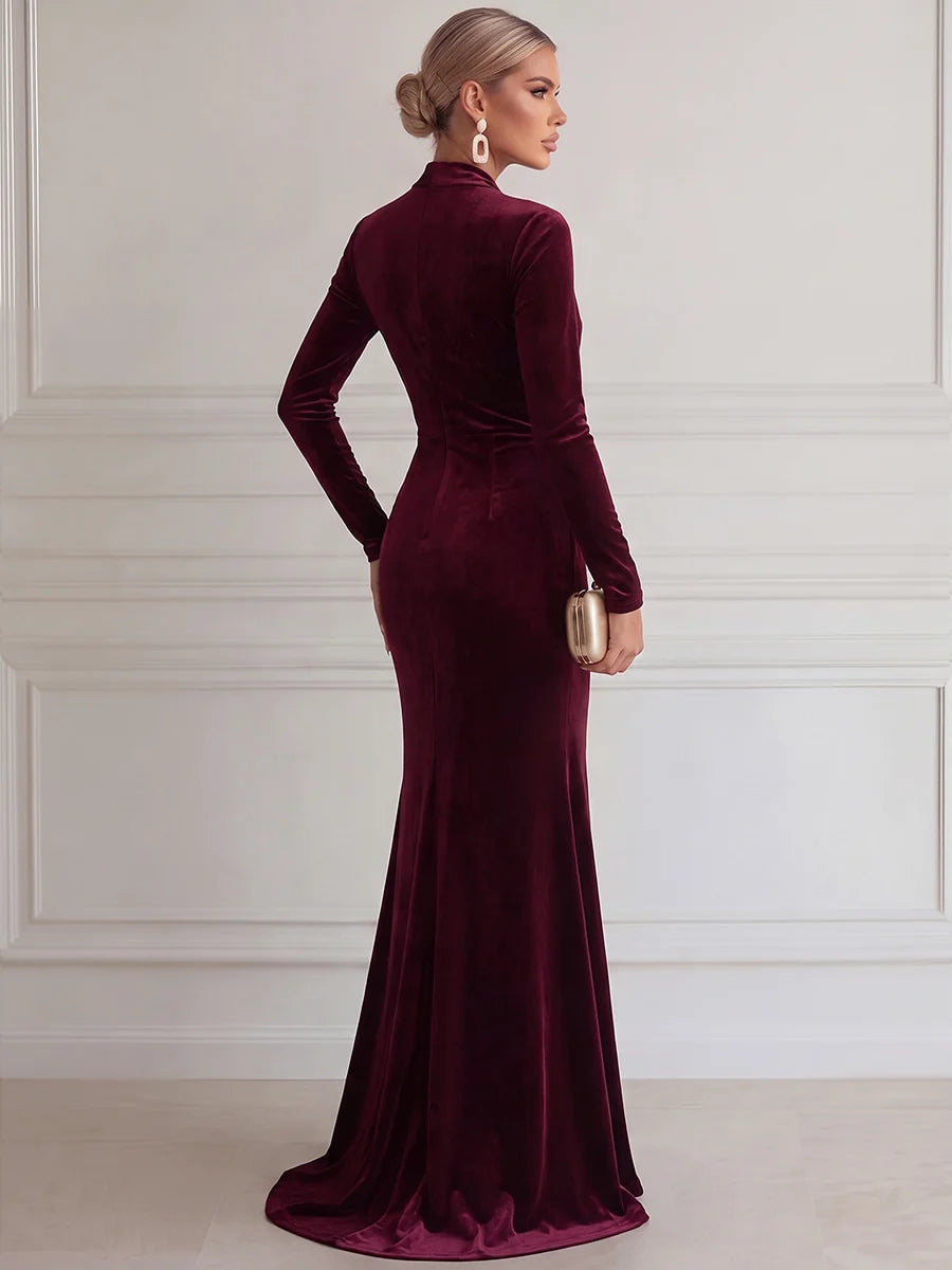 Elegant Mermaid Deep V Long Sleeve Velvet Floor-Length Evening Dress