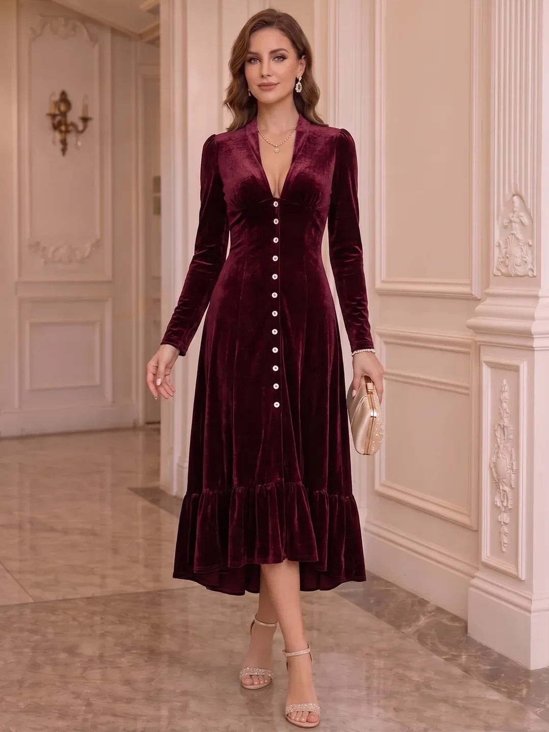 Loverlm burgundy velvet deep V-neck long sleeve midi evening dress with button front and ruffle hem