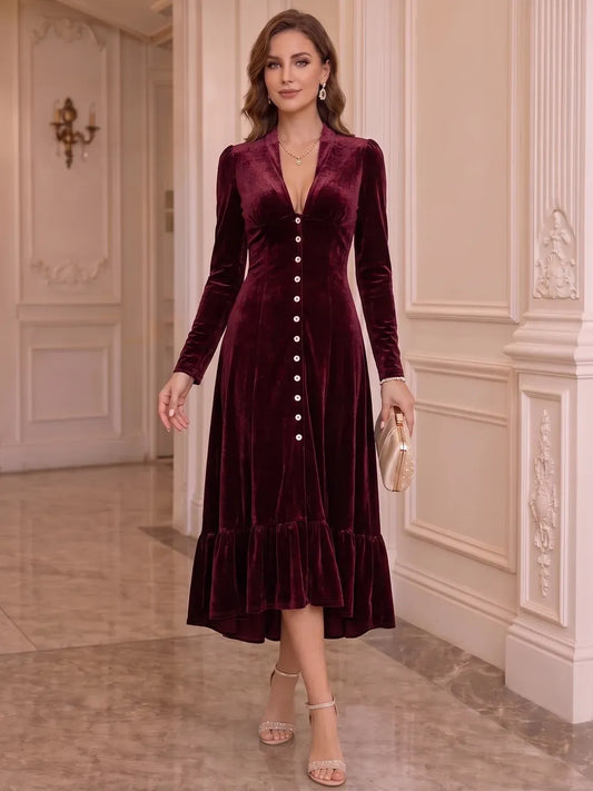 Loverlm burgundy velvet deep V-neck long sleeve midi evening dress with button front and ruffle hem