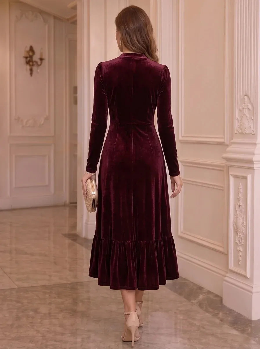 Vintage A-Line Deep V-Neck Long Sleeve Zip Back Midi Evening Dress