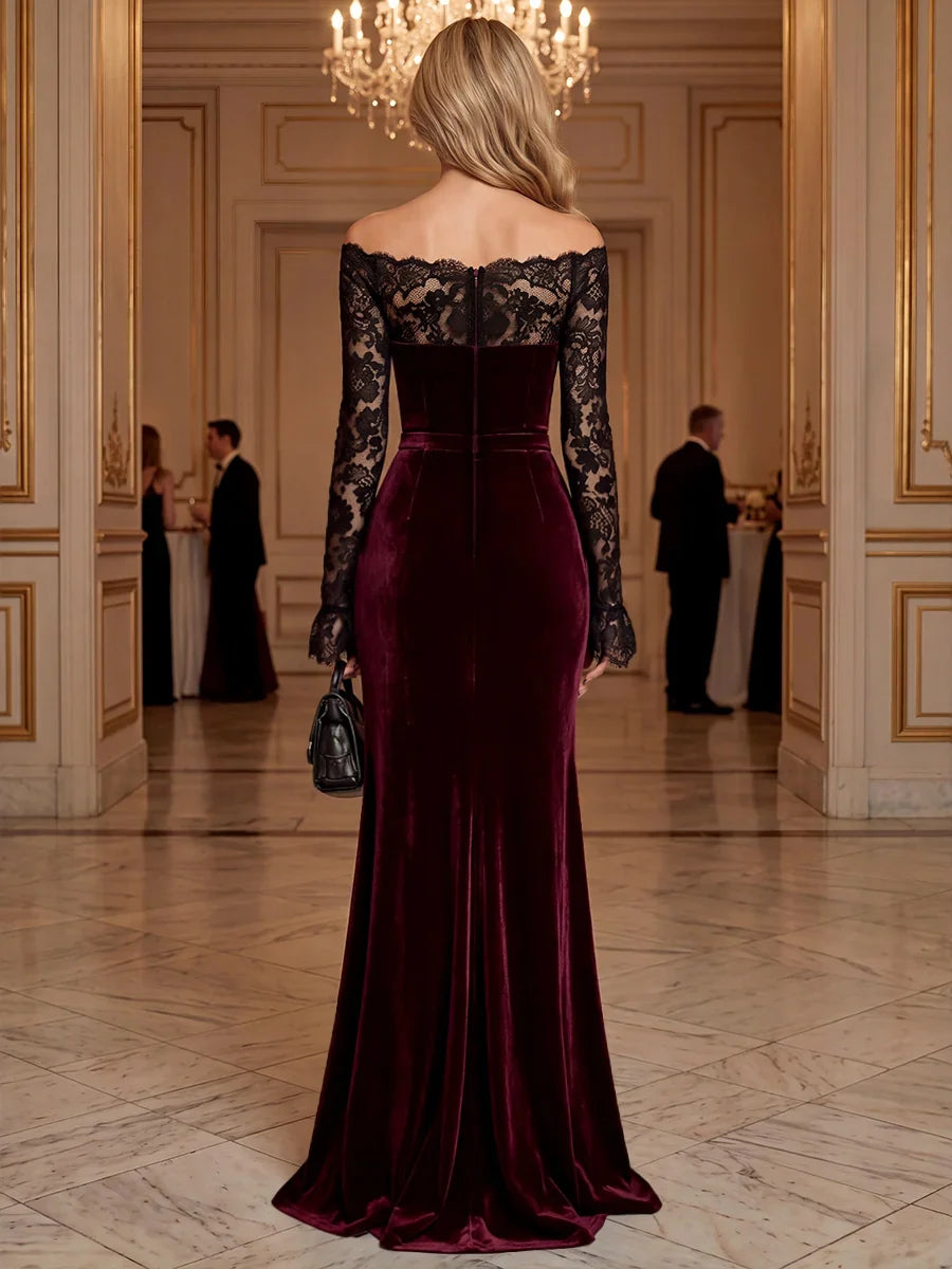 Elegant Mermaid Off Shoulder Long Sleeve Velvet Lace Floor Length Evening Dress