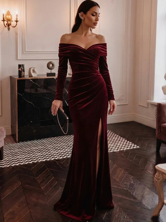 Loverlm burgundy velvet off shoulder long sleeve mermaid evening dress with slit front view