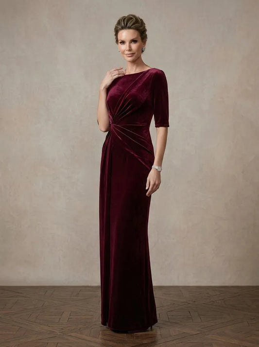 Loverlm burgundy velvet Mother of the Bride dress with boat neck elbow sleeves ruched waist and floor-length sheath skirt