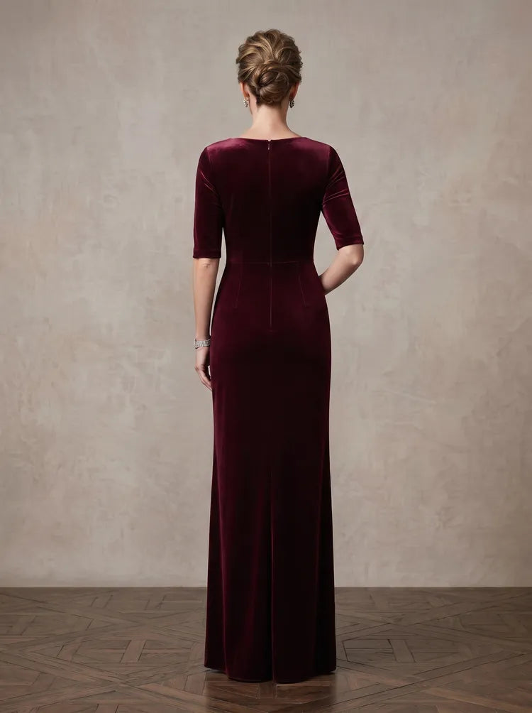 Elegant Sheath Boat-Neck Elbow-Sleeve Velvet Floor-Length Mother of the Bride Dress