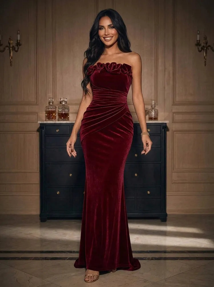 Loverlm burgundy velvet strapless mermaid floor length evening dress front view