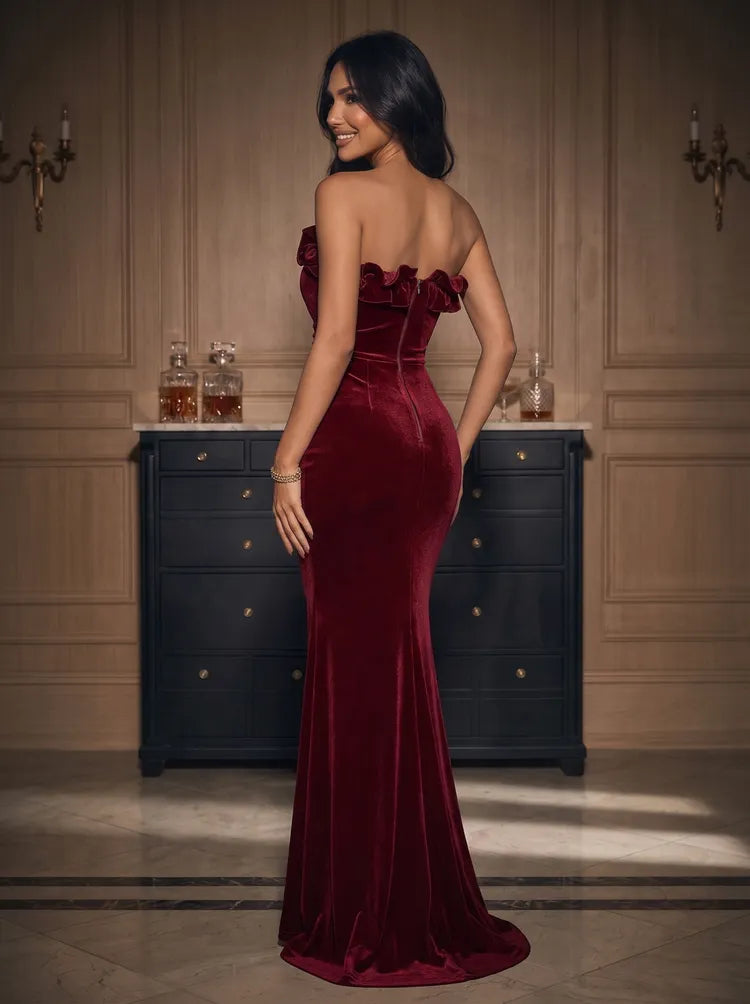 Elegant Mermaid Strapless Sleeveless Velvet Floor-Length Evening Dress