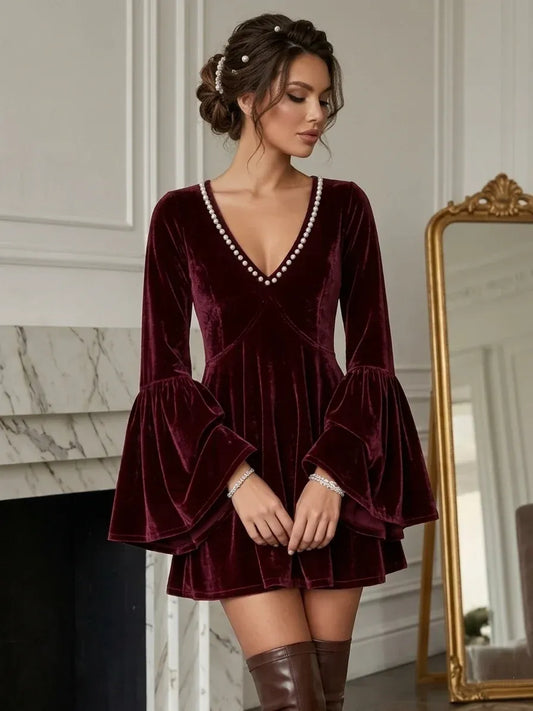 Loverlm burgundy velvet V-neck homecoming dress with pearl trim and bell sleeves