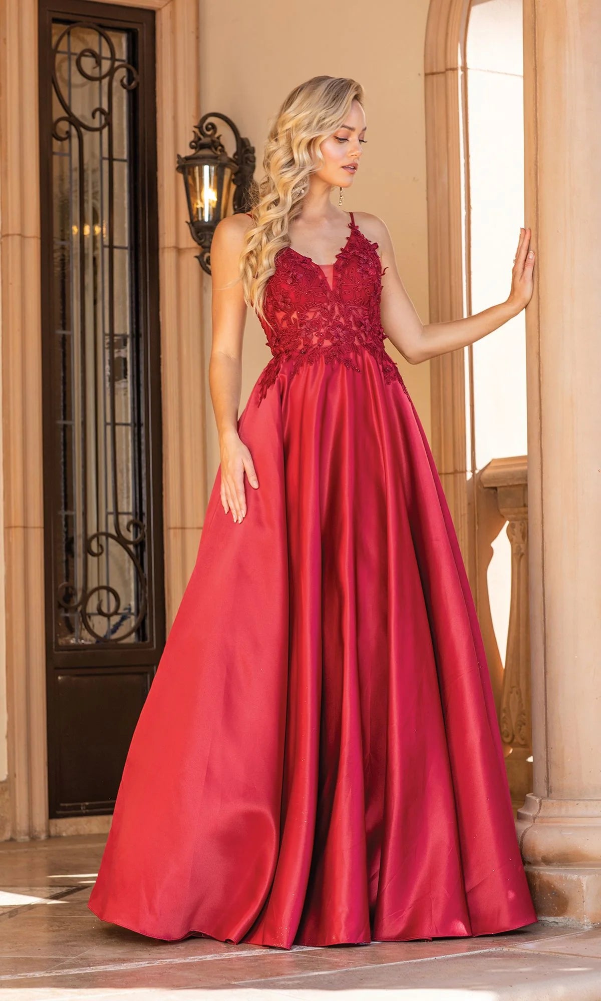 Romantic A-Line V-Neck Sleeveless Satin Floor Length Prom Dress