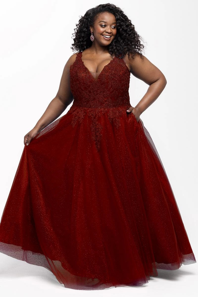 Elegant Plus Size A Line V Neck Sleeveless Tulle Floor Length Prom Dress