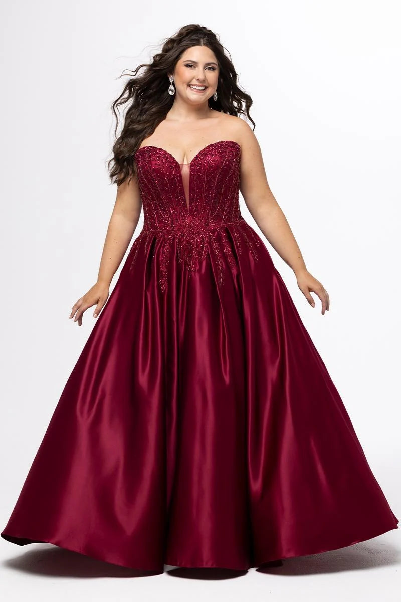 Elegant Plus Size A Line Plunging Strapless Satin Floor Length Prom Dress