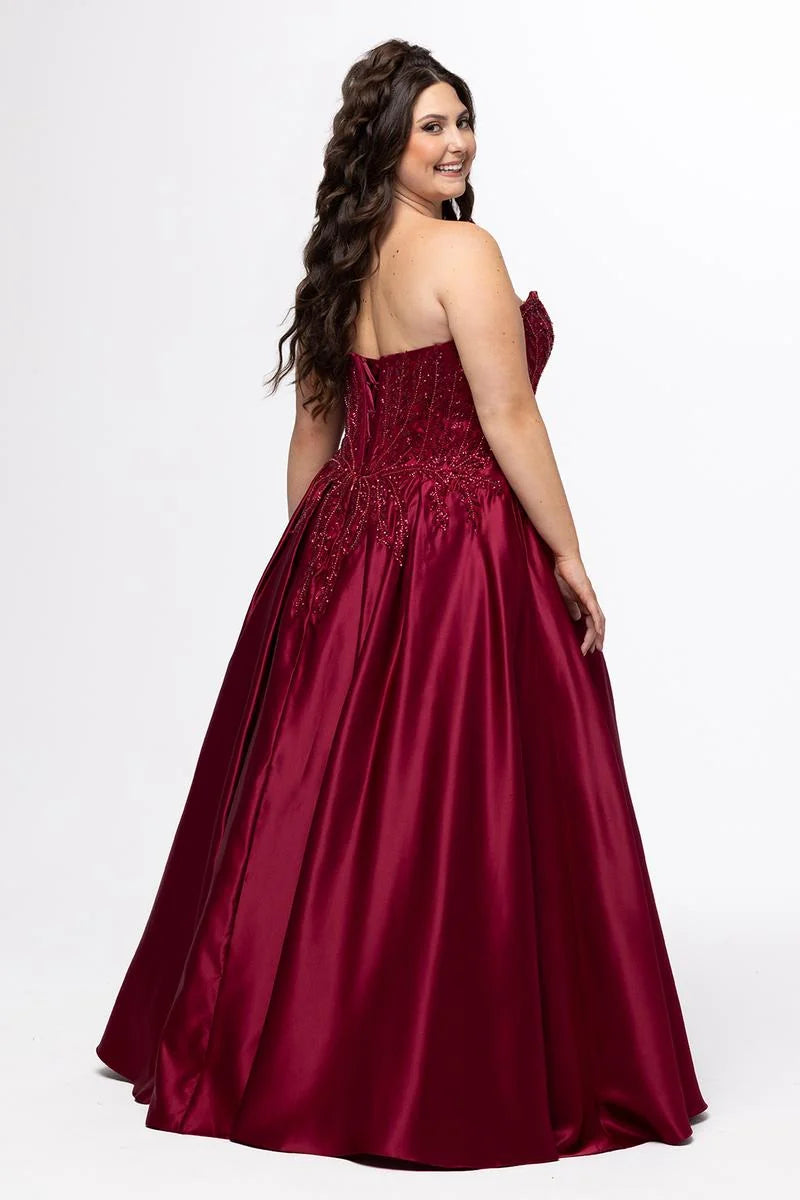 Elegant Plus Size A Line Plunging Strapless Satin Floor Length Prom Dress