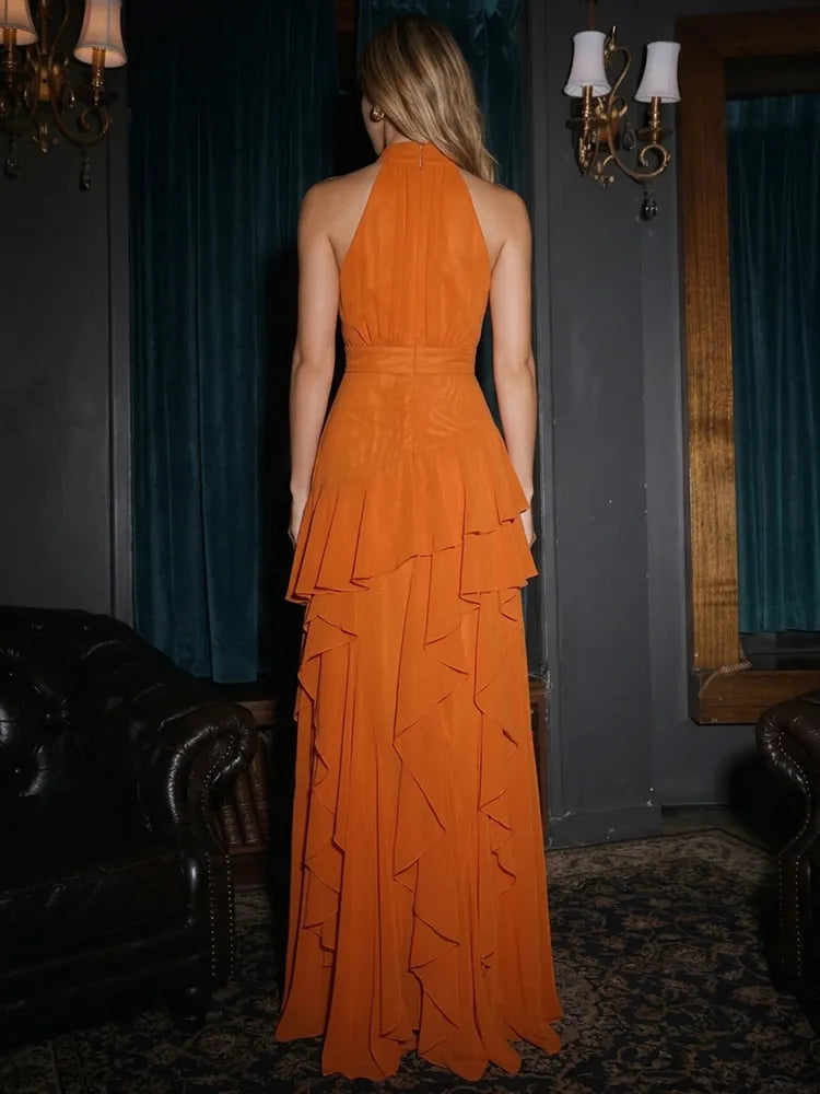 Elegant A-Line Halter-Neck Sleeveless Chiffon Layered Ruffle Floor-Length Formal Evening Dress