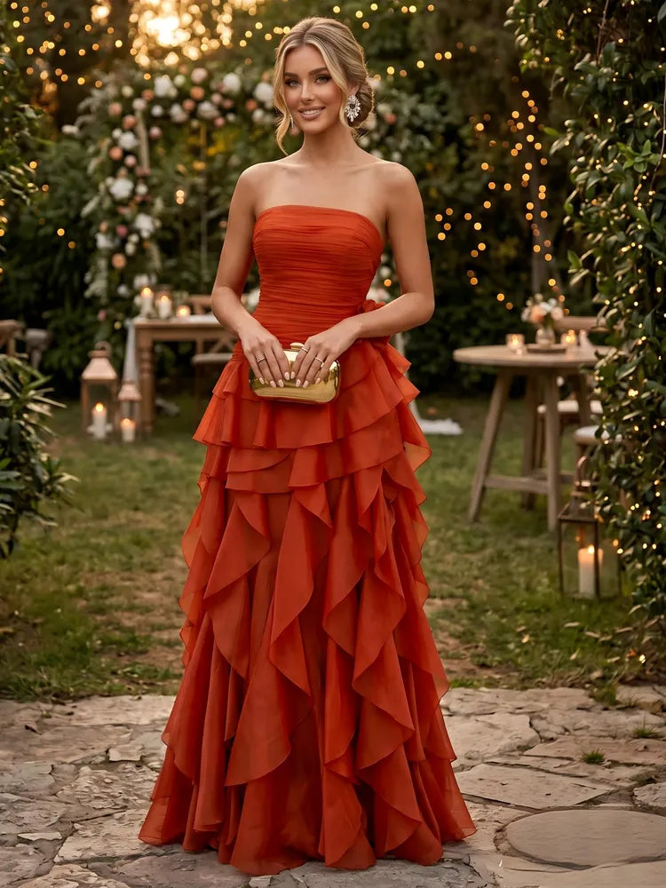 Loverlm burnt orange evening dress with strapless ruched bodice and dramatic tiered ruffle floor-length A-line skirt