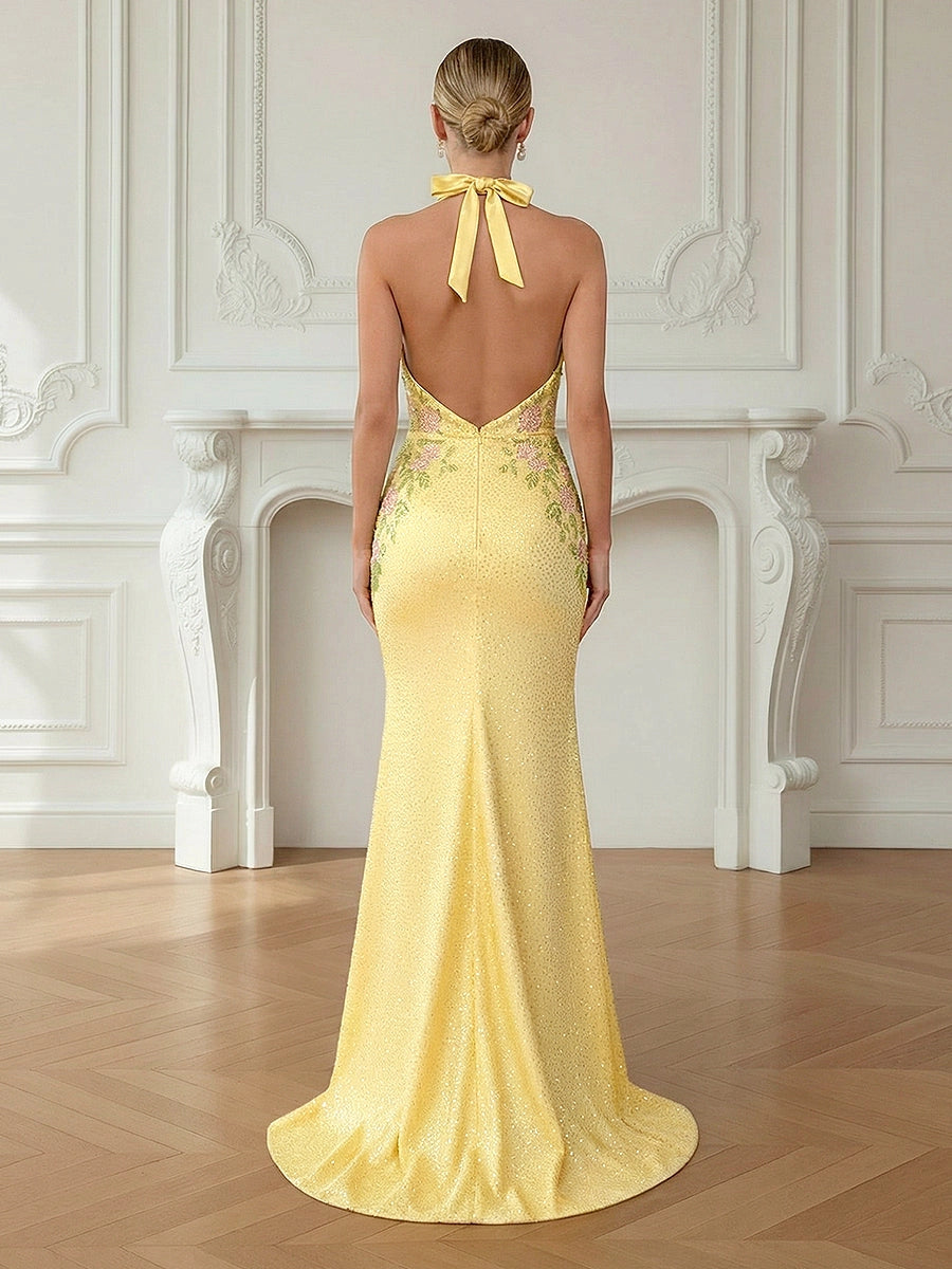 Radiant Beaded Sequin Mermaid Plunging Halter Backless Slit Floor-Length Prom Dress