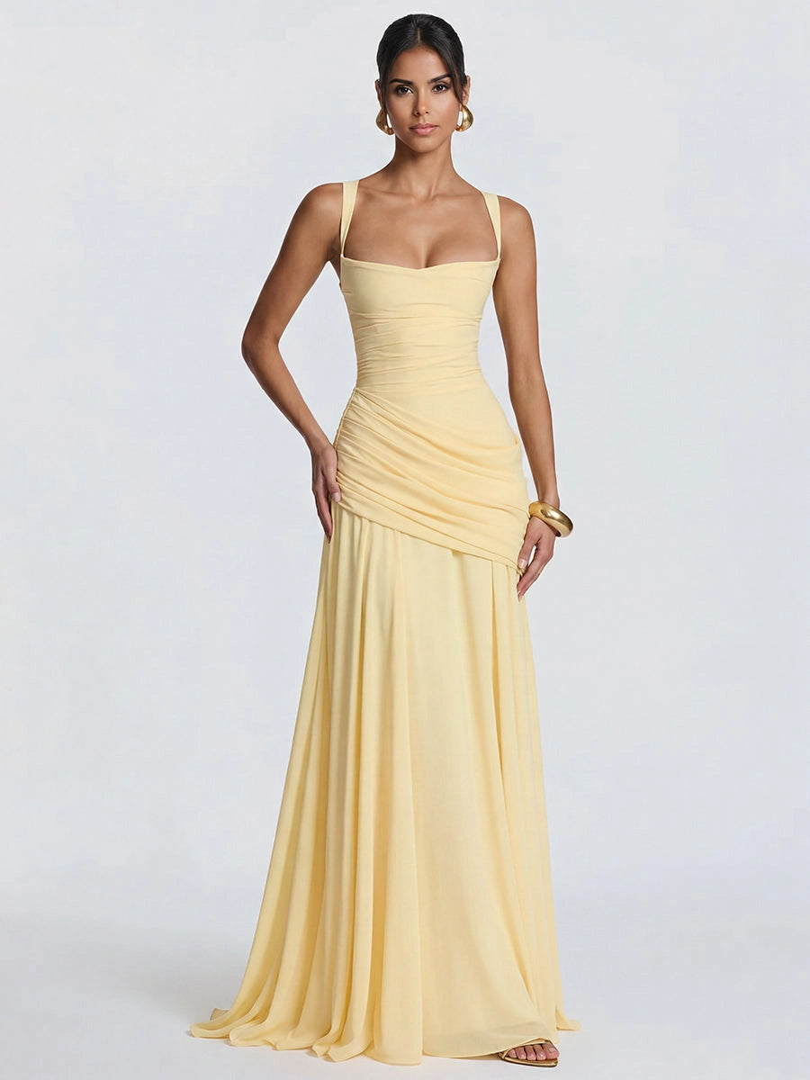 Loverlm butter yellow chiffon prom dress with square neckline, ruched fitted bodice and floor-length A-line skirt