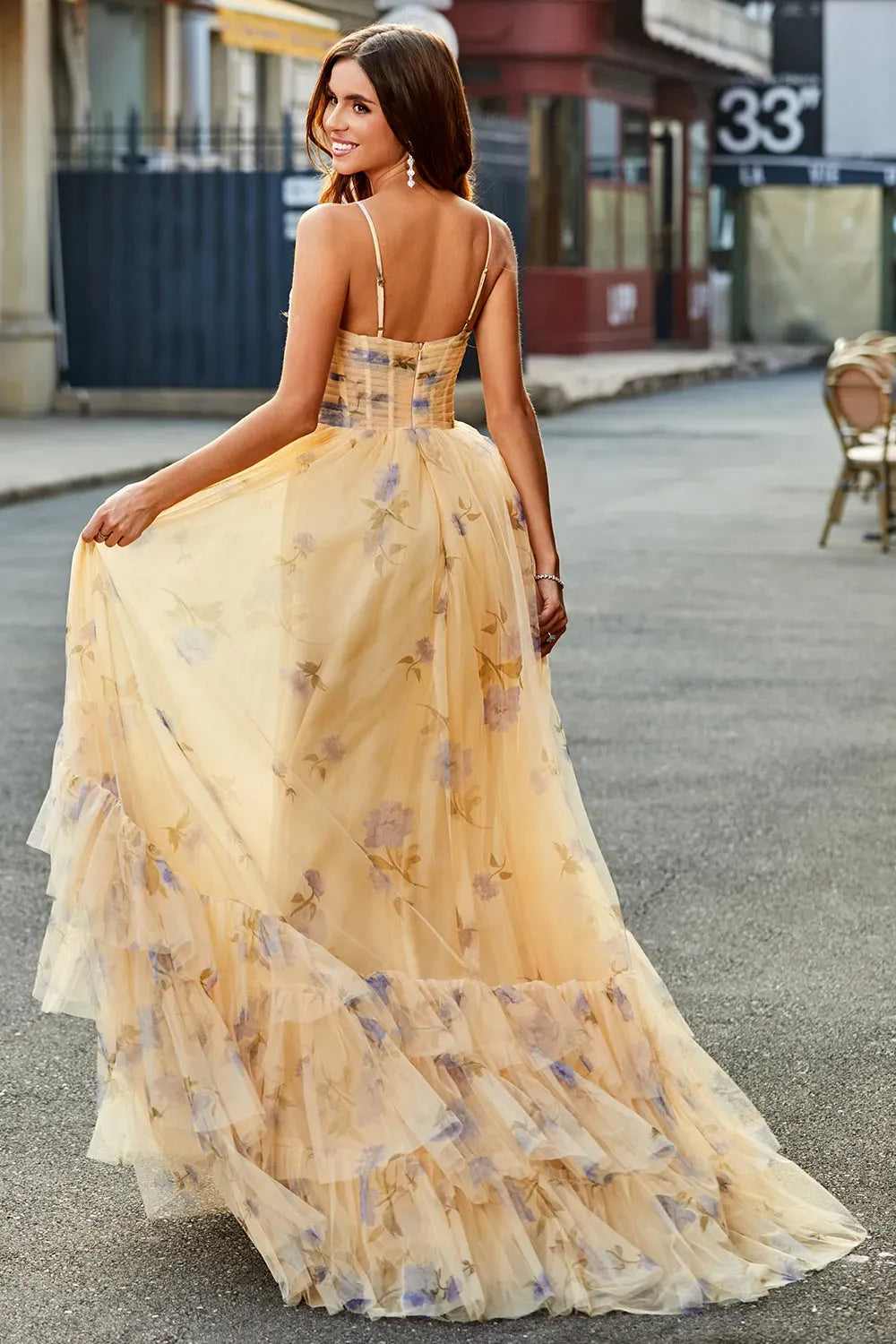Romantic A-Line Sweetheart Spaghetti Strap Zipper Back Tiered Yellow Prom Dress