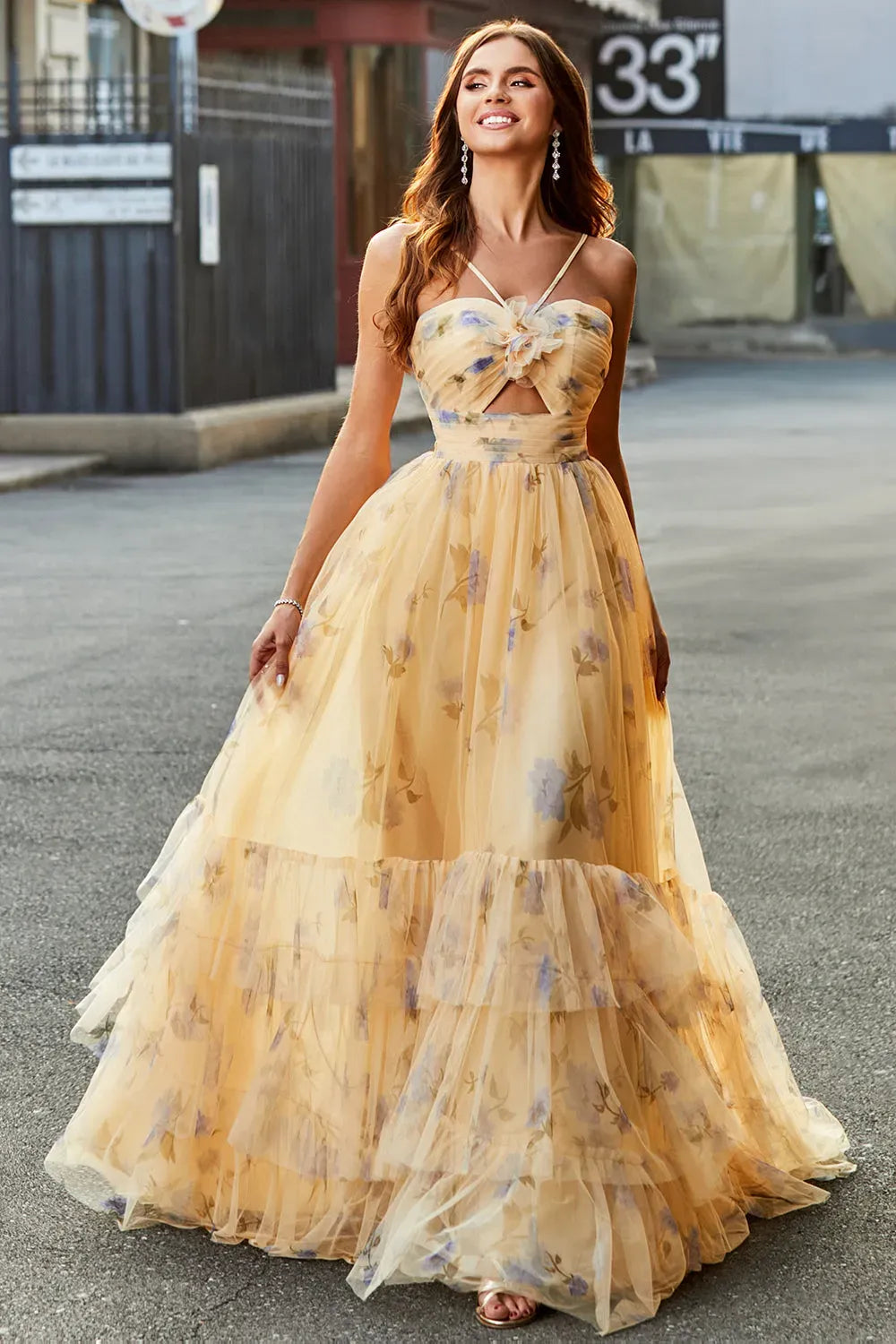 Romantic A-Line Sweetheart Spaghetti Strap Zipper Back Tiered Yellow Prom Dress