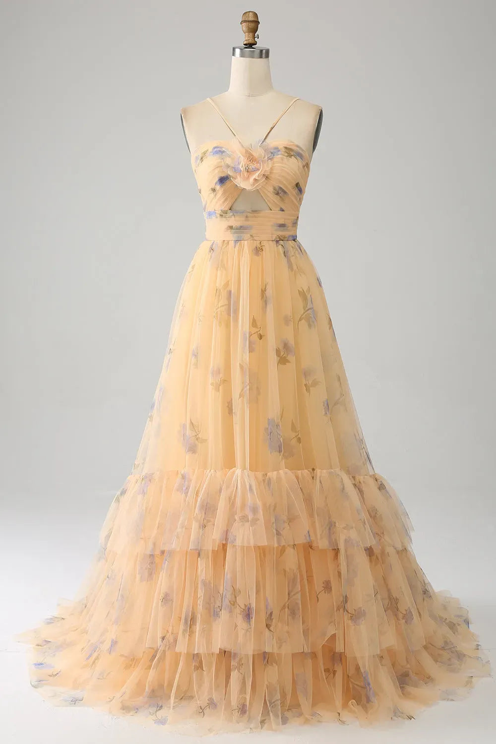 Romantic A-Line Sweetheart Spaghetti Strap Zipper Back Tiered Yellow Prom Dress