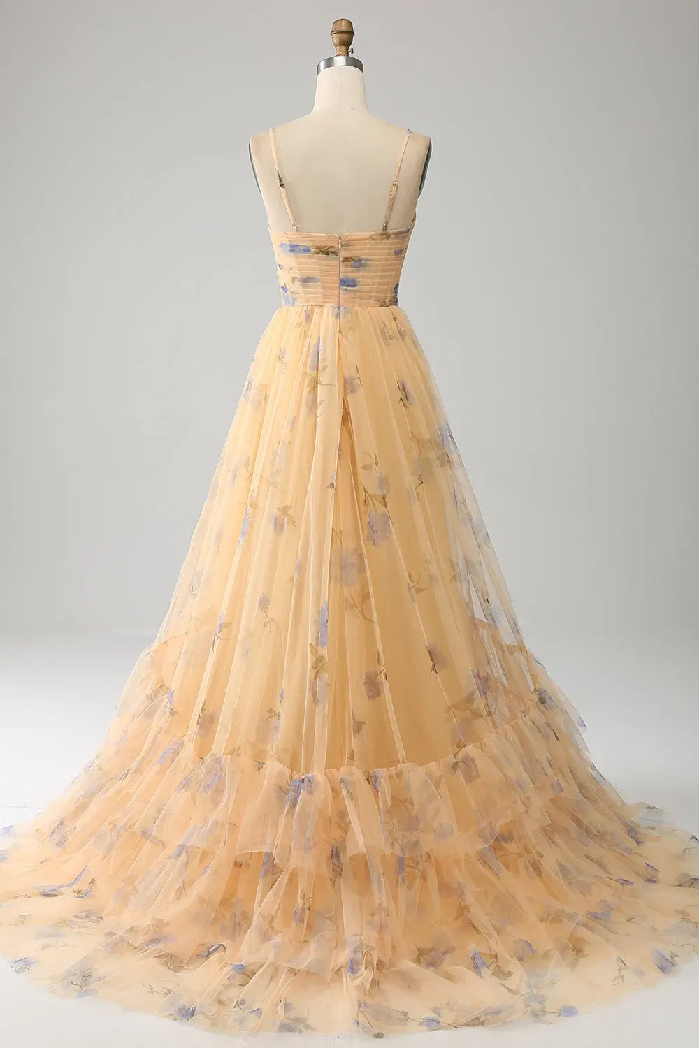 Romantic A-Line Sweetheart Spaghetti Strap Zipper Back Tiered Yellow Prom Dress