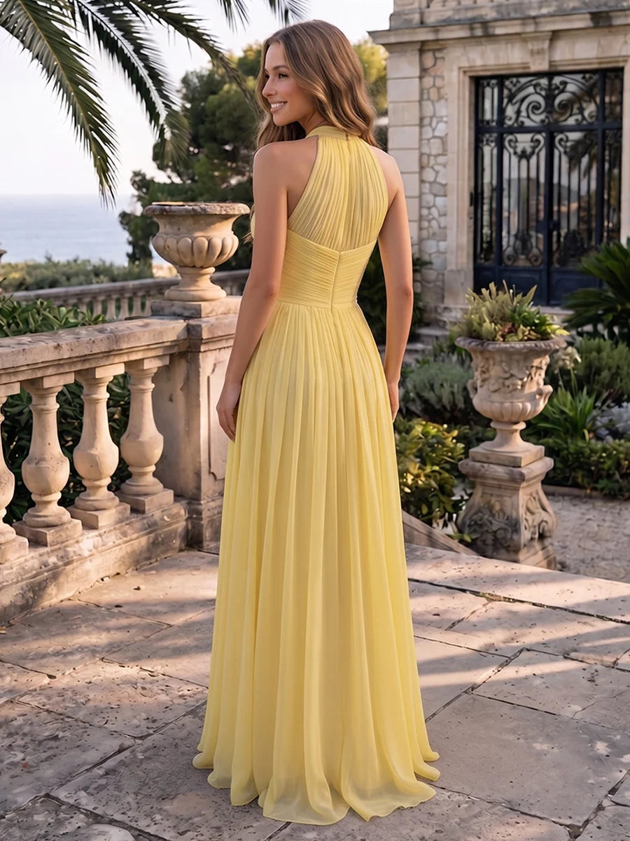 Romantic A Line Halter Neck Sleeveless Chiffon Floor Length Evening Dress