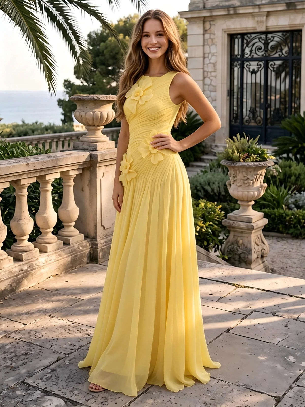 Romantic A Line Halter Neck Sleeveless Chiffon Floor Length Evening Dress