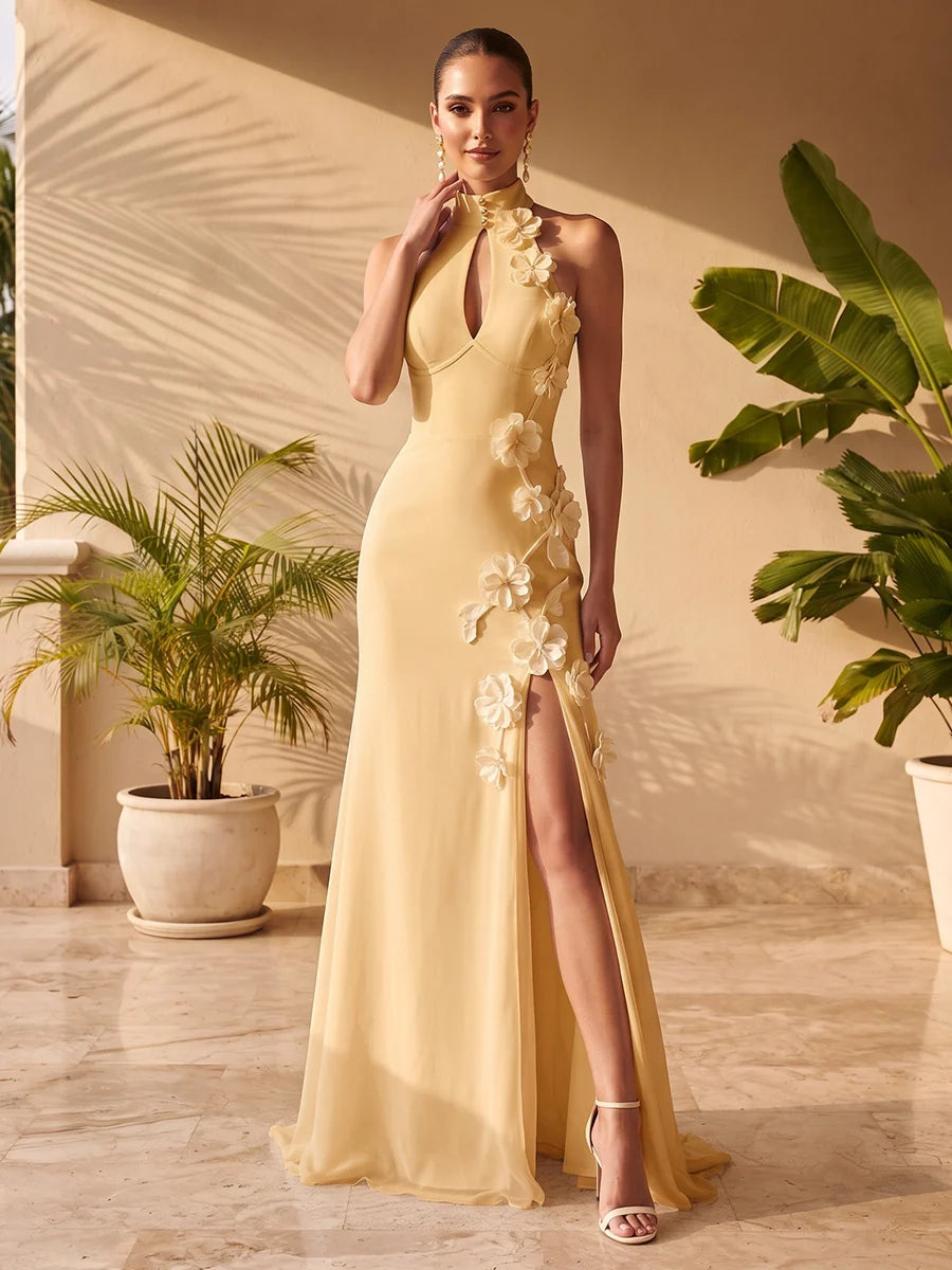 Butter yellow chiffon wedding guest dress with halter neckline, keyhole cutout, 3D floral appliques, thigh-high slit and floor-length sheath silhouette by Loverlm