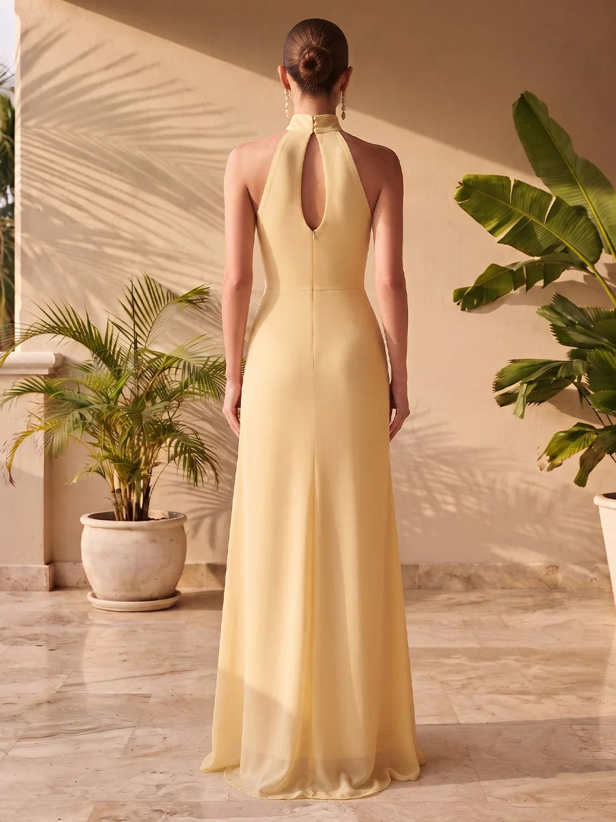 Elegant Sheath Halter Neck Sleeveless Chiffon Floor Length Wedding Guest Dress