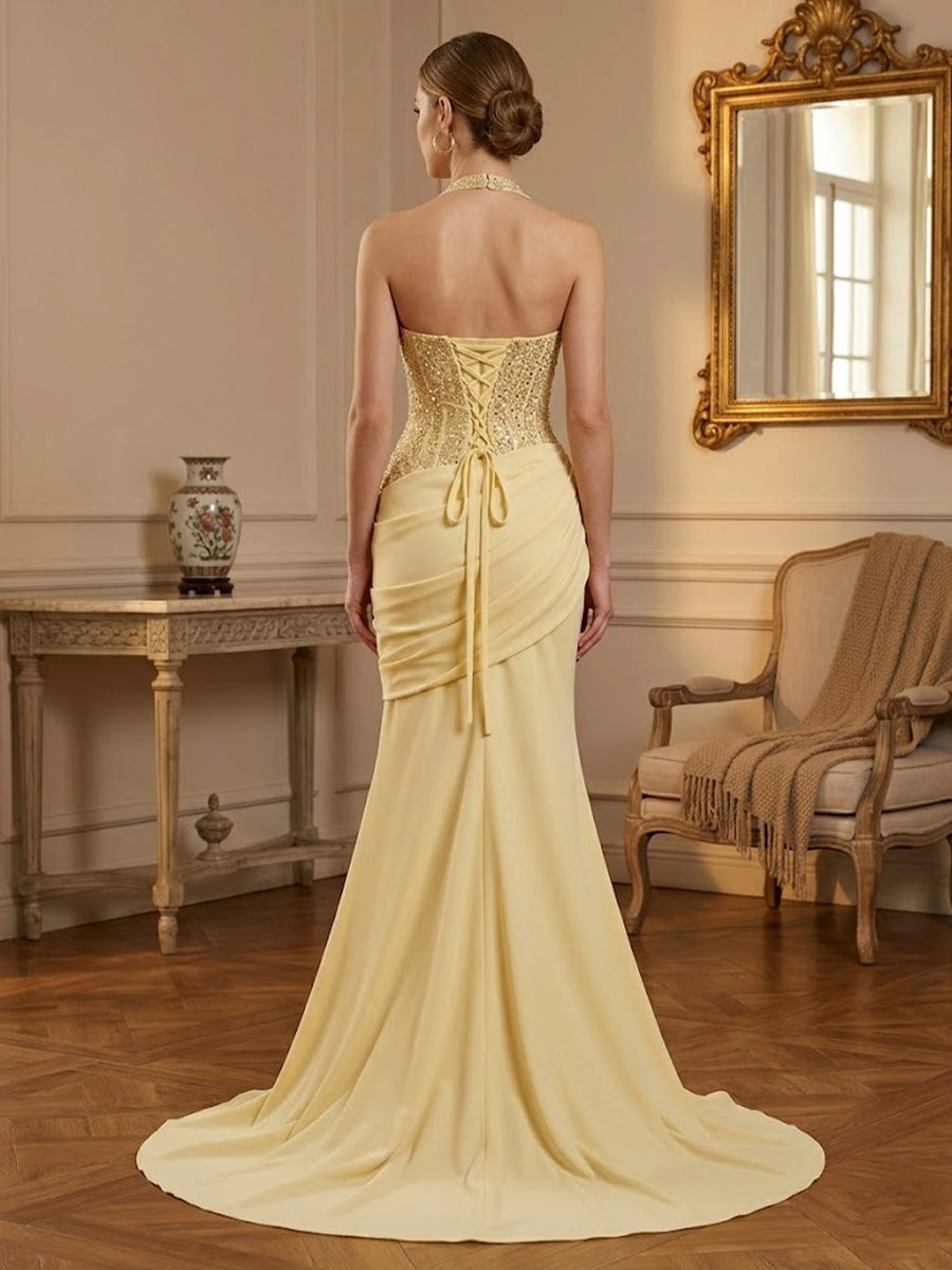 Glamorous Mermaid Deep V Halter Sleeveless Lace-Up Sweep Train Prom Dress