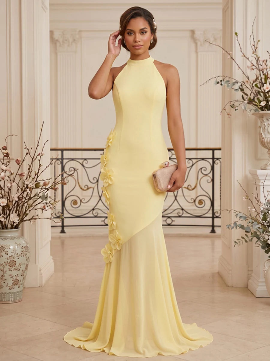 Butter yellow halter wedding guest dress with fitted mermaid silhouette, cascading 3D floral appliques, asymmetric chiffon skirt and floor-length sweep train by Loverlm