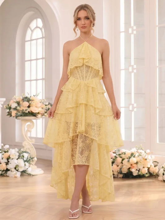 Front view of Loverlm butter yellow floral lace wedding guest dress with halter neckline, sheer waist and tiered high-low skirt