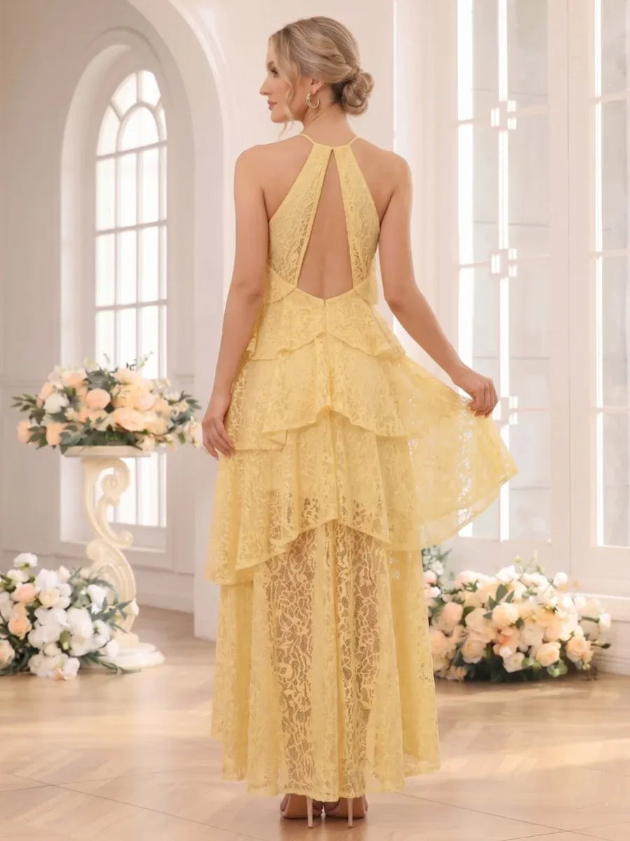 Romantic A-Line Halter Sleeveless Keyhole-Back Tiered High-Low Wedding Guest Dress