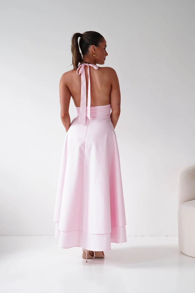 Elegant A-Line Halter V-Neck Sleeveless Open-Back Layered Maxi Wedding Guest Dress