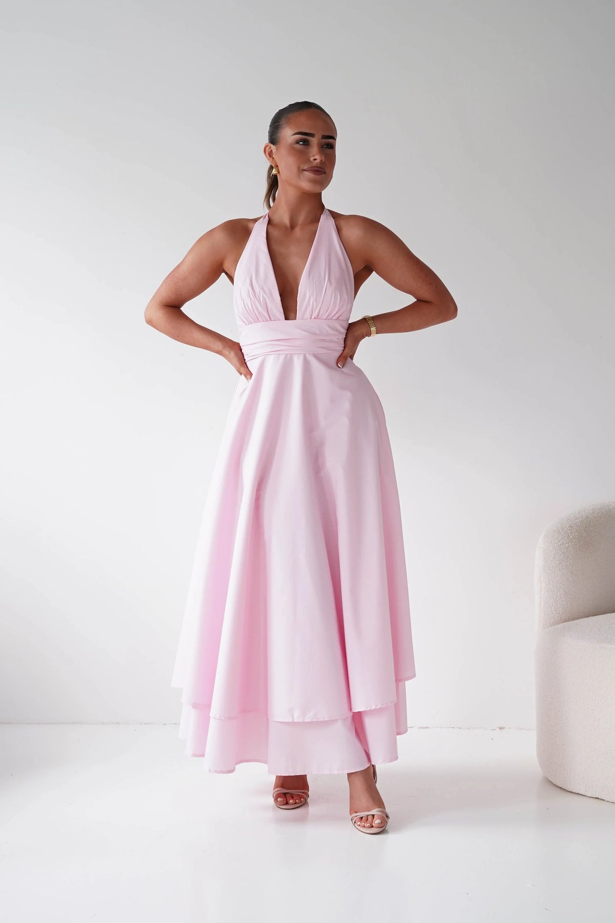 Elegant A-Line Halter V-Neck Sleeveless Open-Back Layered Maxi Wedding Guest Dress