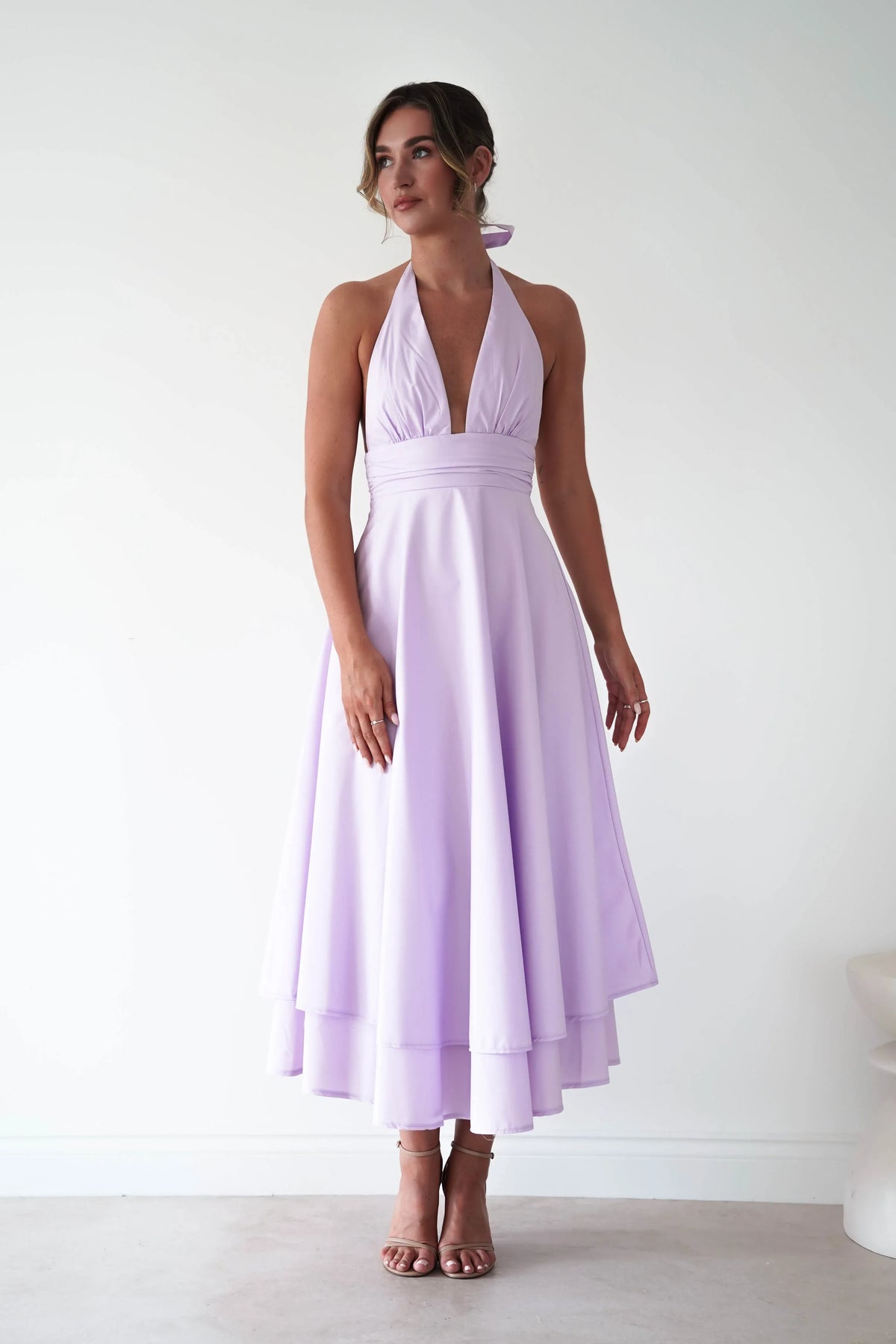 Elegant A-Line Halter V-Neck Sleeveless Open-Back Layered Maxi Wedding Guest Dress
