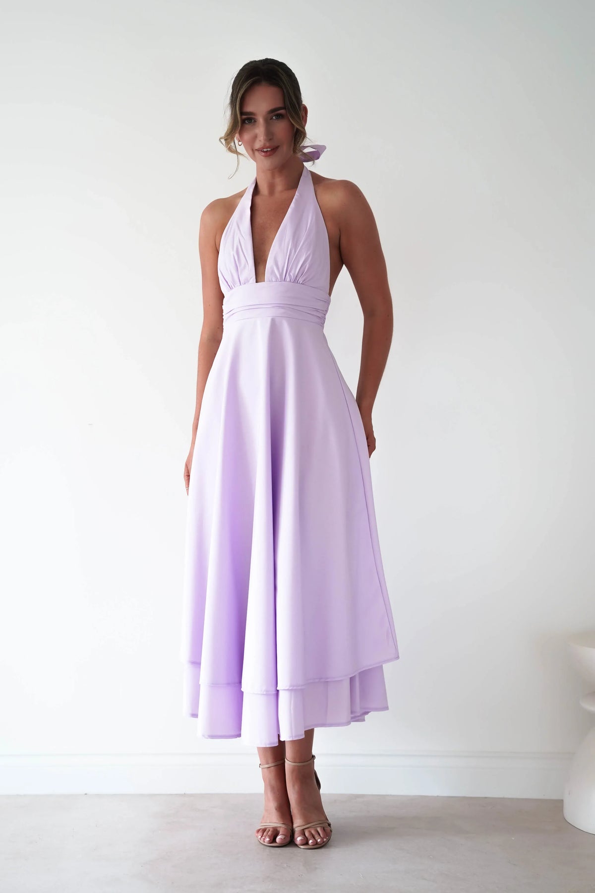 Elegant A-Line Halter V-Neck Sleeveless Open-Back Layered Maxi Wedding Guest Dress