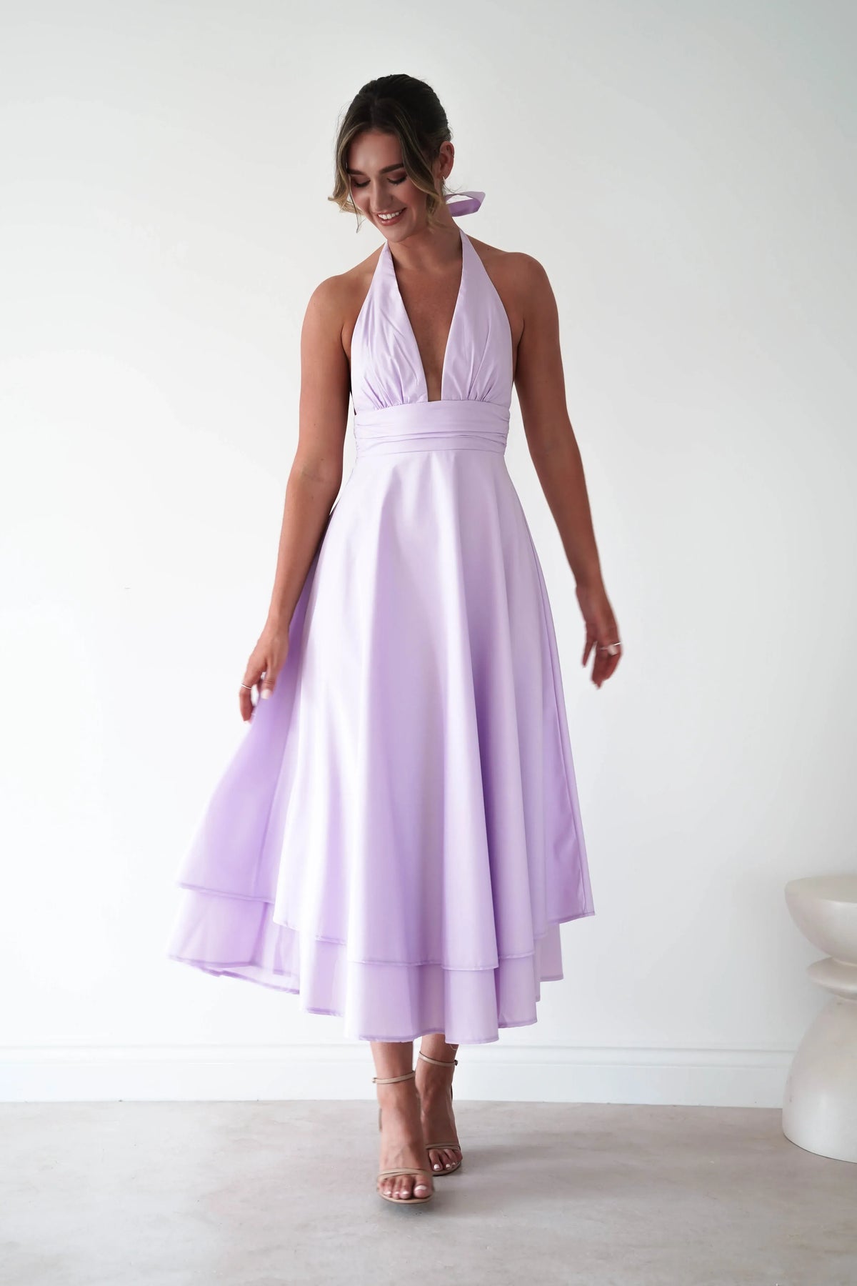 Elegant A-Line Halter V-Neck Sleeveless Open-Back Layered Maxi Wedding Guest Dress