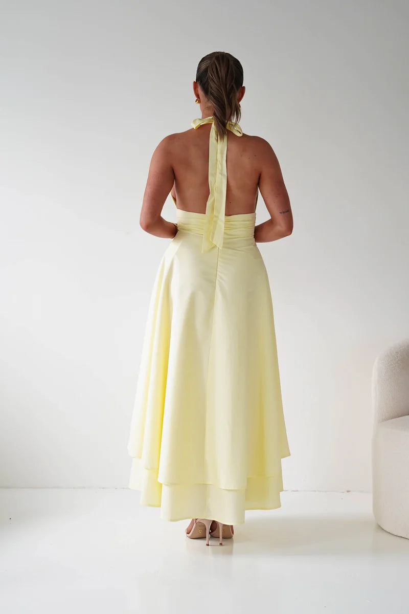 Elegant A-Line Halter V-Neck Sleeveless Open-Back Layered Maxi Wedding Guest Dress