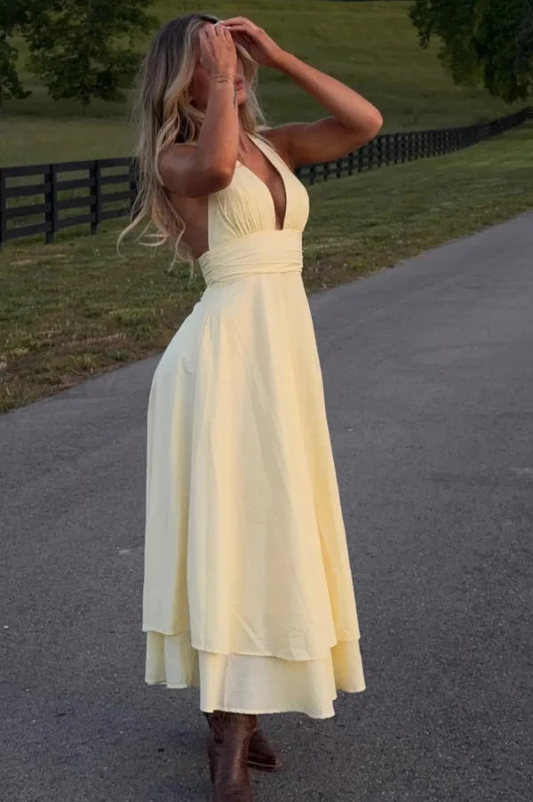 Elegant A-Line Halter V-Neck Sleeveless Open-Back Layered Maxi Wedding Guest Dress