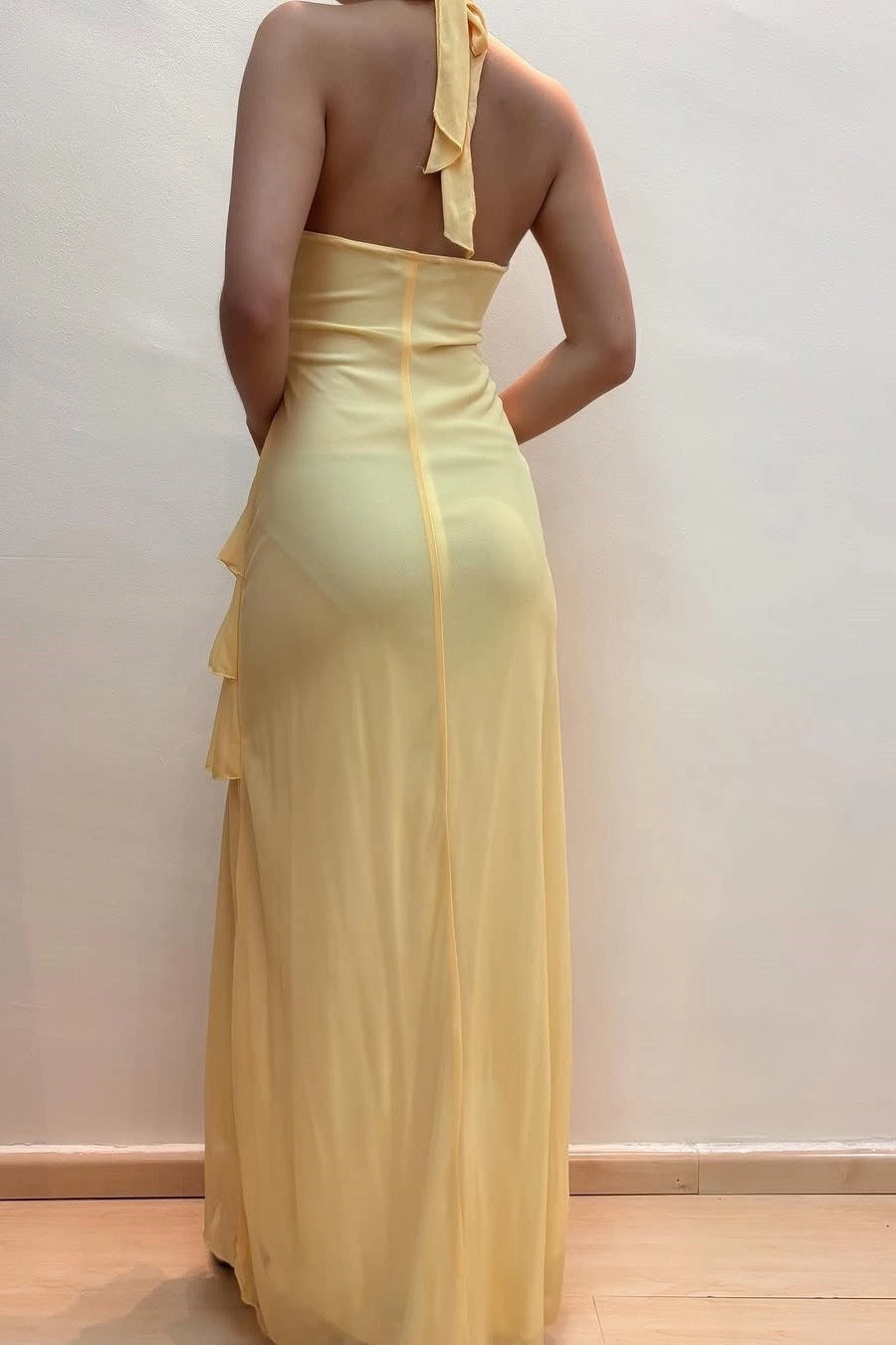 Loverlm Romantic Chiffon Sheath Halter V-Neck Sleeveless Open-Back Ruffled High-Low Evening Dress