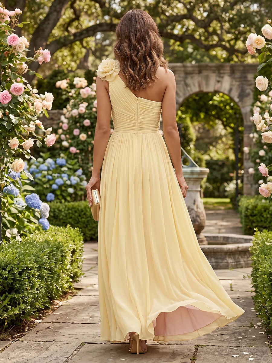 Romantic A Line One Shoulder Sleeveless Chiffon Floor Length Evening Dress