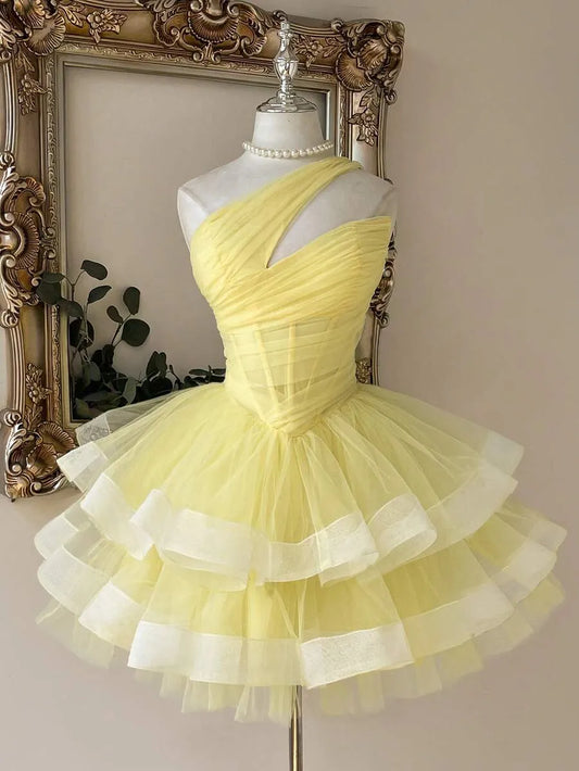 Loverlm butter yellow one-shoulder homecoming dress with ruched corset bodice and tiered tulle mini skirt