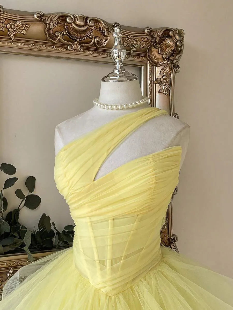 Playful A-Line One-Shoulder Sleeveless Lace-Up Back Tulle Mini Homecoming Dress