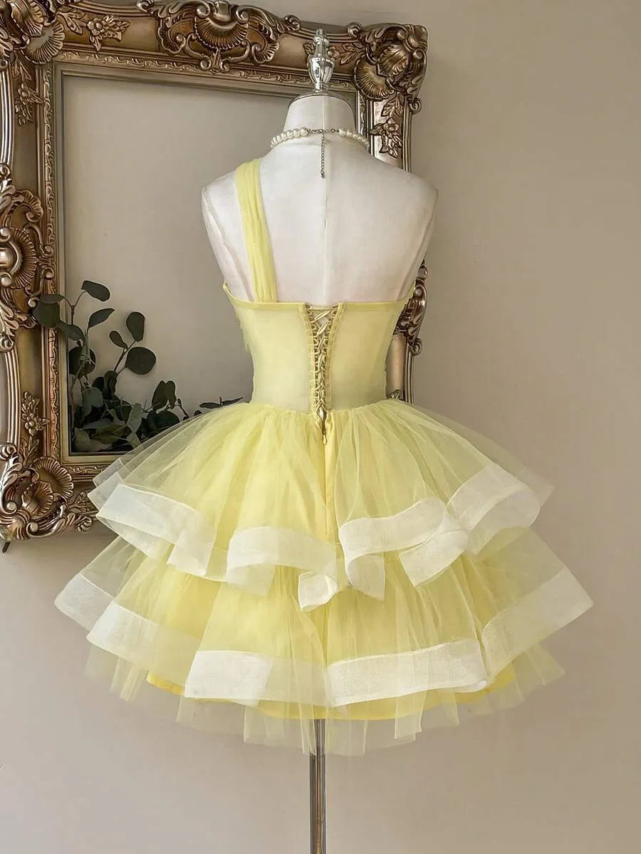 Playful A-Line One-Shoulder Sleeveless Lace-Up Back Tulle Mini Homecoming Dress