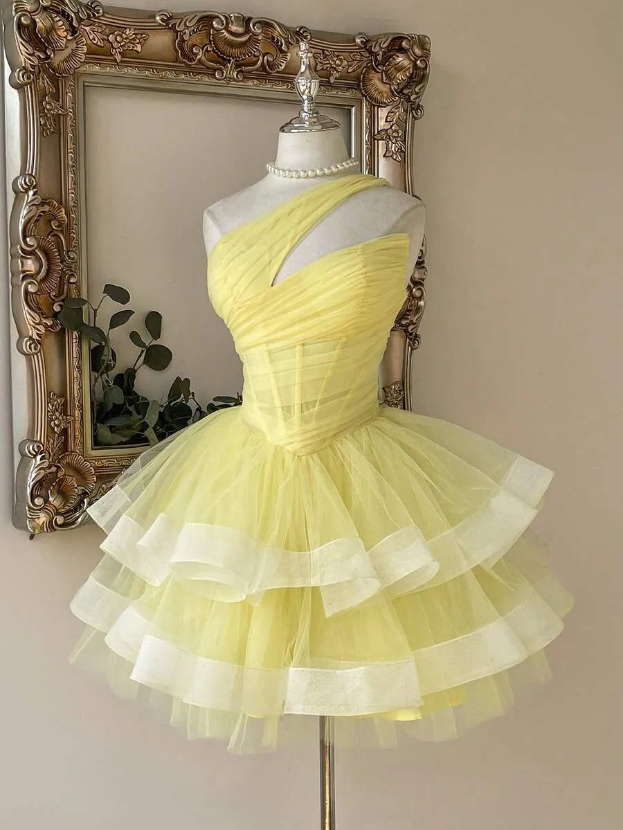 Playful A-Line One-Shoulder Sleeveless Lace-Up Back Tulle Mini Homecoming Dress