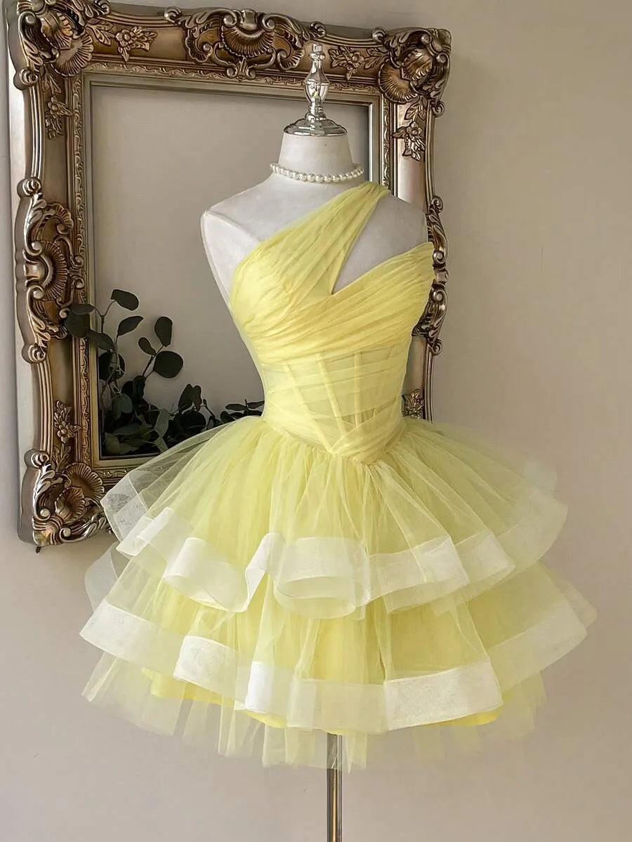 Playful A-Line One-Shoulder Sleeveless Lace-Up Back Tulle Mini Homecoming Dress
