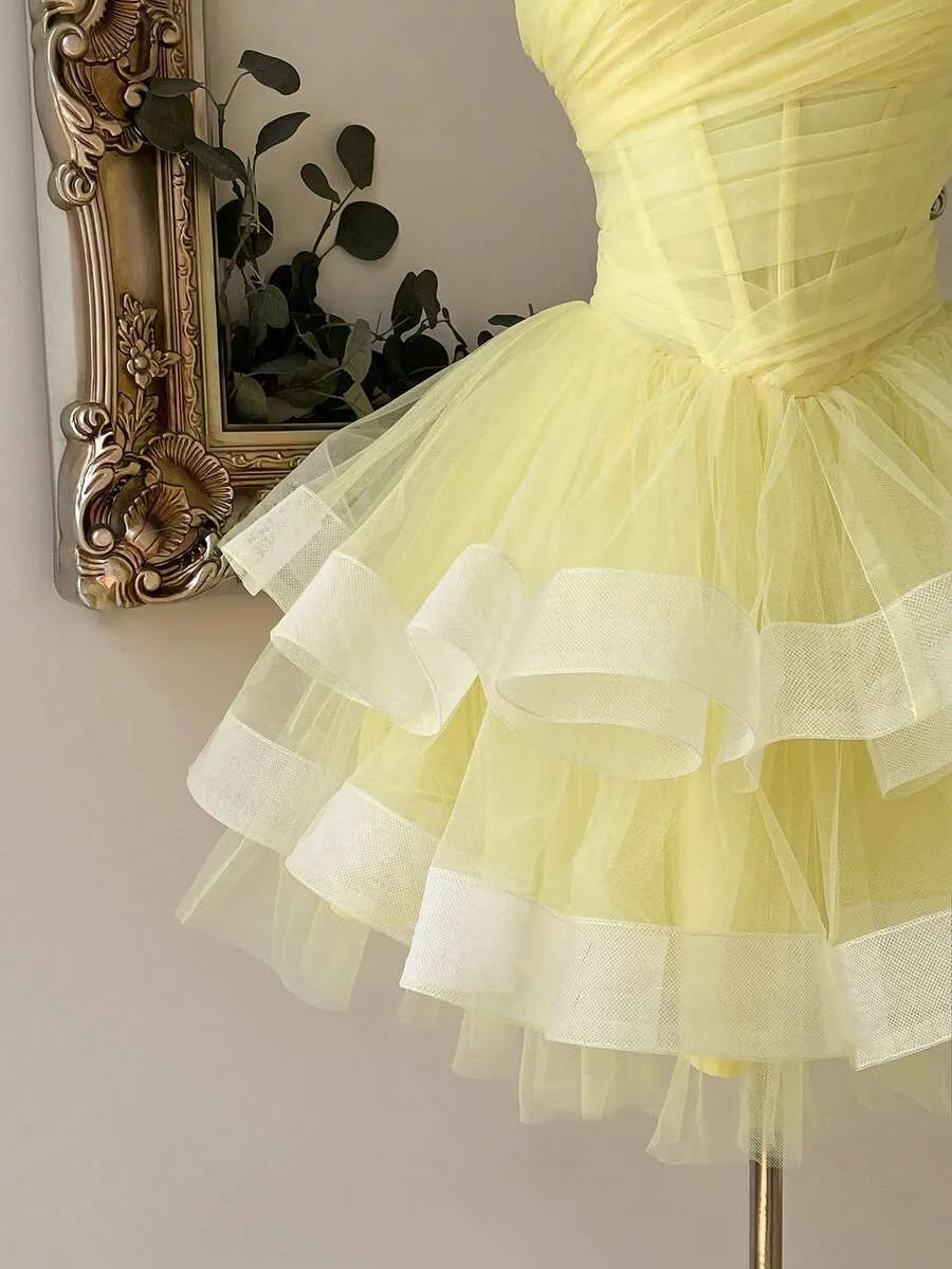 Playful A-Line One-Shoulder Sleeveless Lace-Up Back Tulle Mini Homecoming Dress