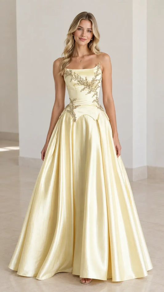 Loverlm butter yellow prom dress with square neck embellished corset bodice and full satin floor-length ball gown skirt