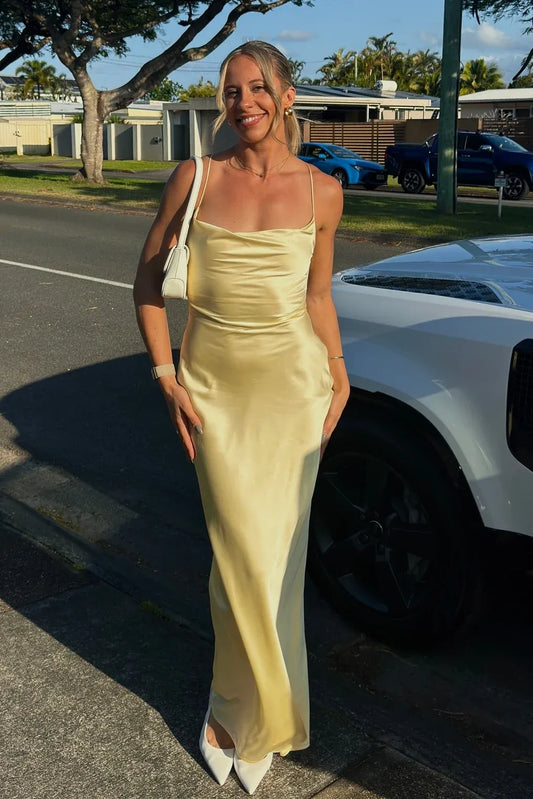 Loverlm butter yellow satin prom dress with cowl neckline, spaghetti straps and sleek floor length sheath silhouette front view