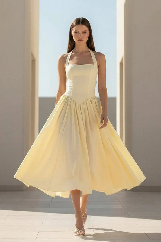 Elegant Satin A-Line Halter Sleeveless Open-Back Tea-Length Homecoming Dress